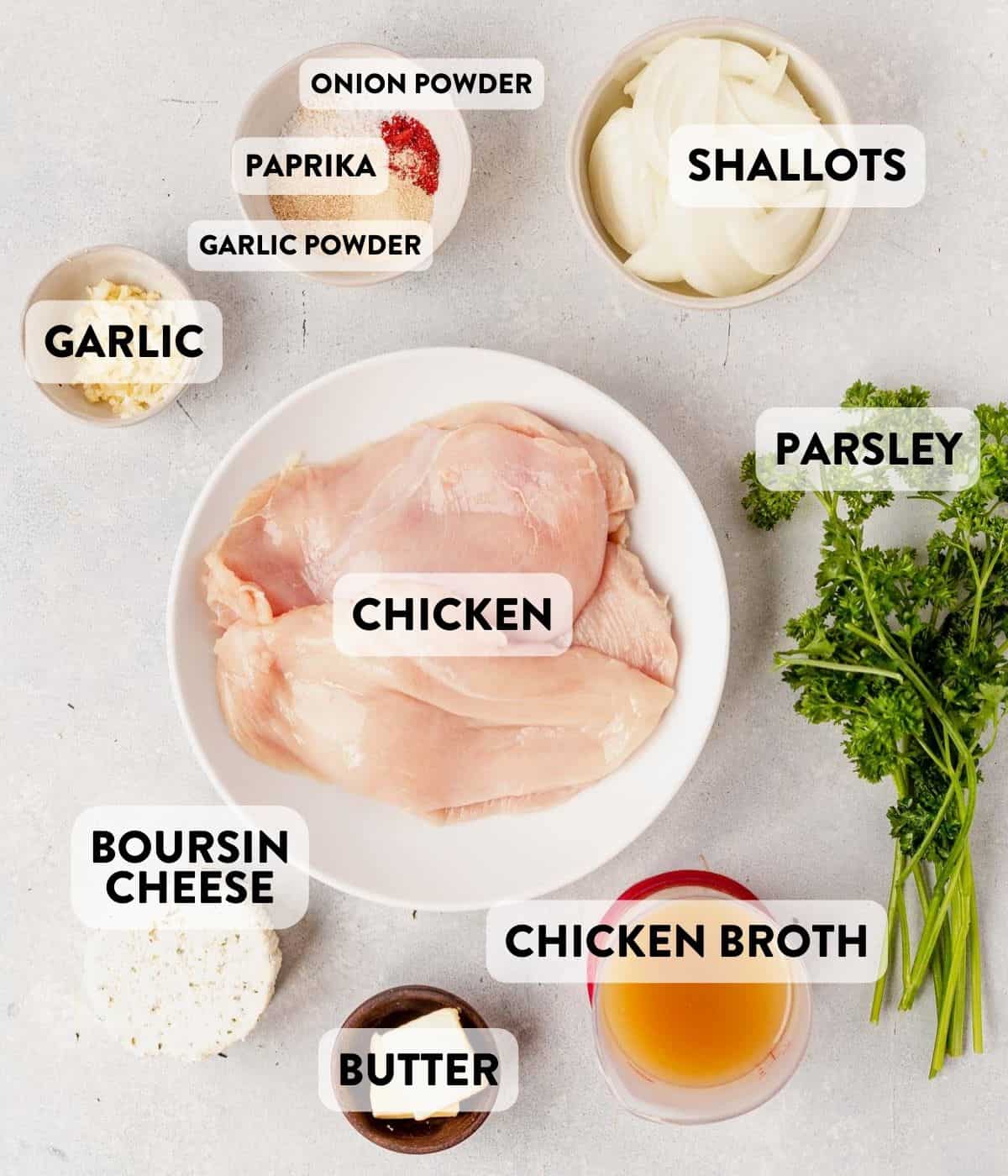 ingredients for boursin chicken on a counter.