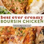 plate of boursin chicken with mashed potatoes and tomatoes and then boursin chicken recipe in a cast iron