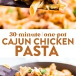 a serving spoon scooping cajunchicken pasta out of the pot and then a serving spoon reaching into a pot of cajun chicken pasta