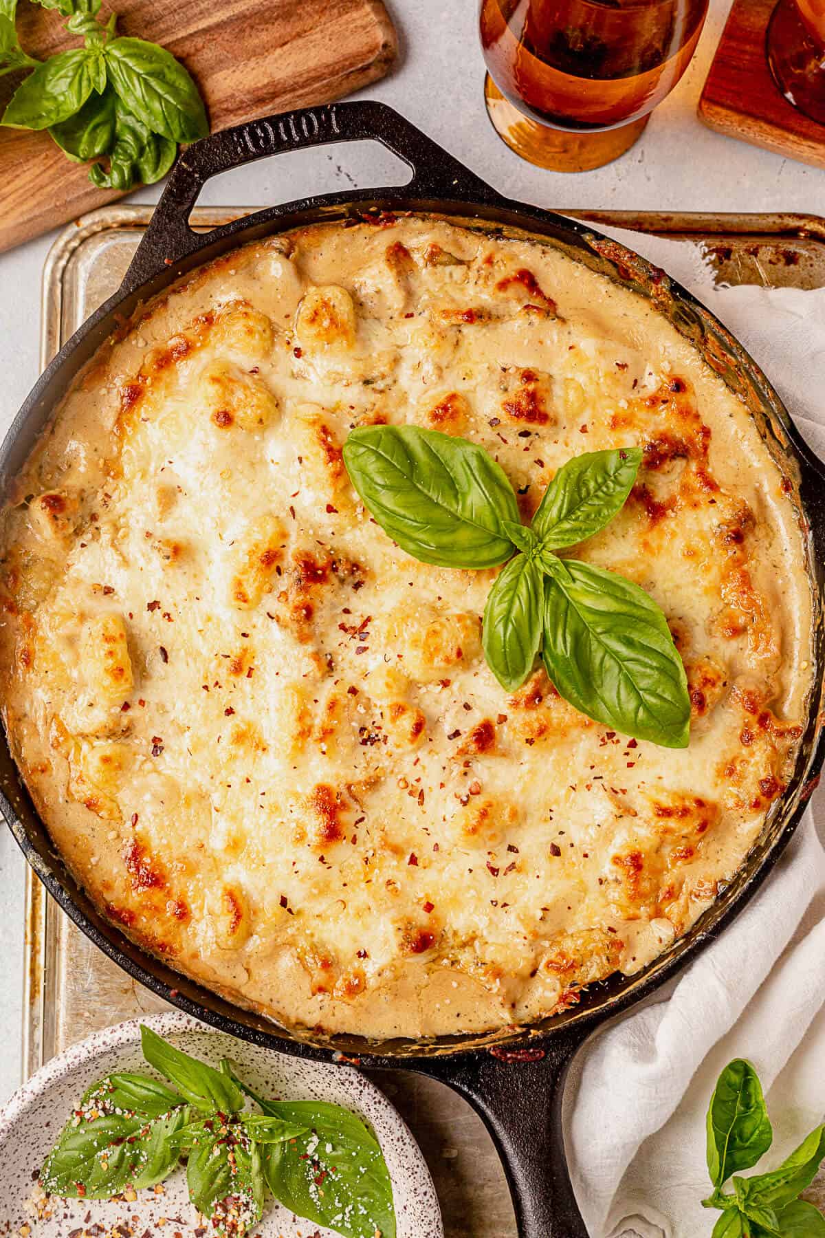 baked chicken alfredo gnocchi with golden brown top