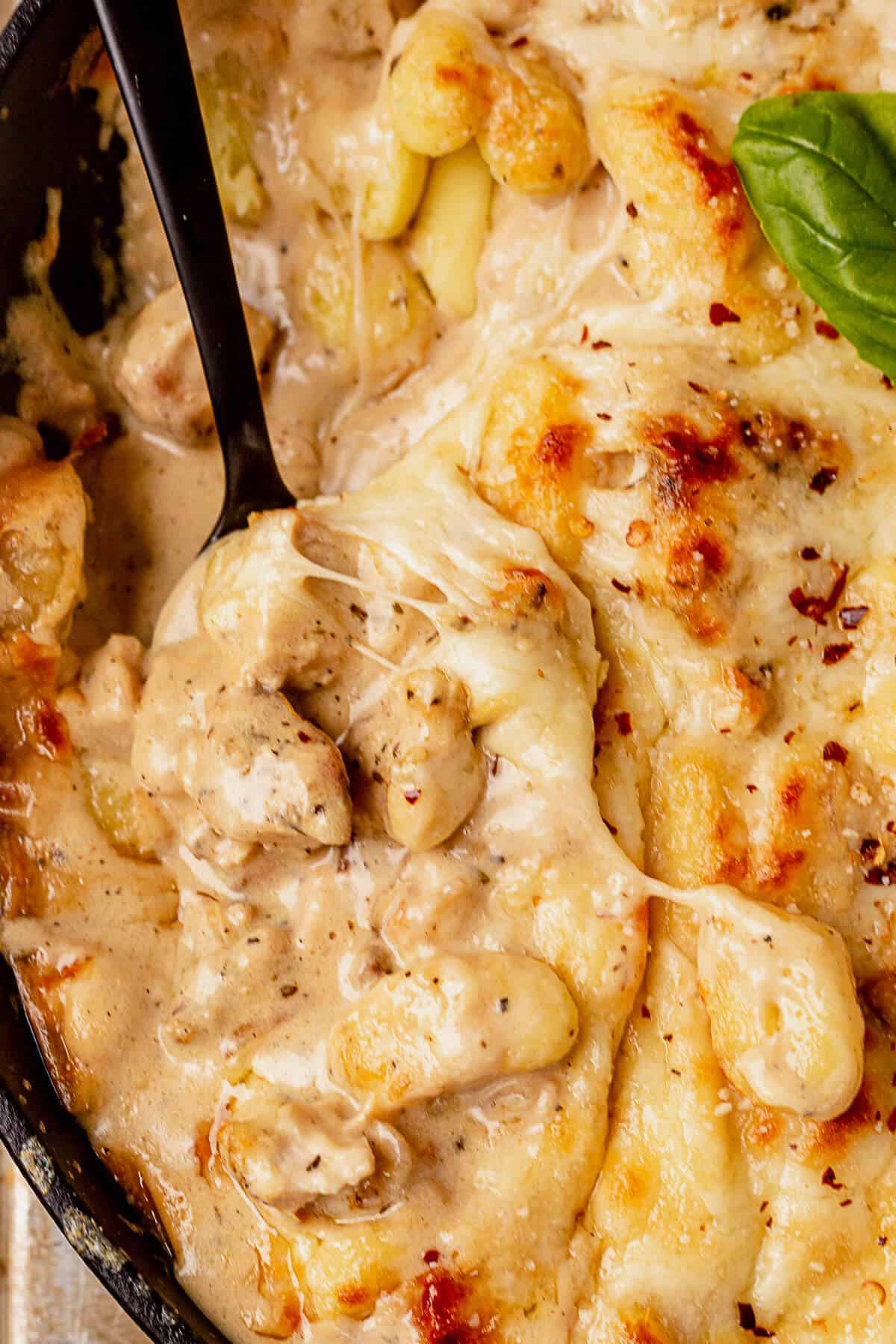 chicken alfredo gnocchi with a serving spoon