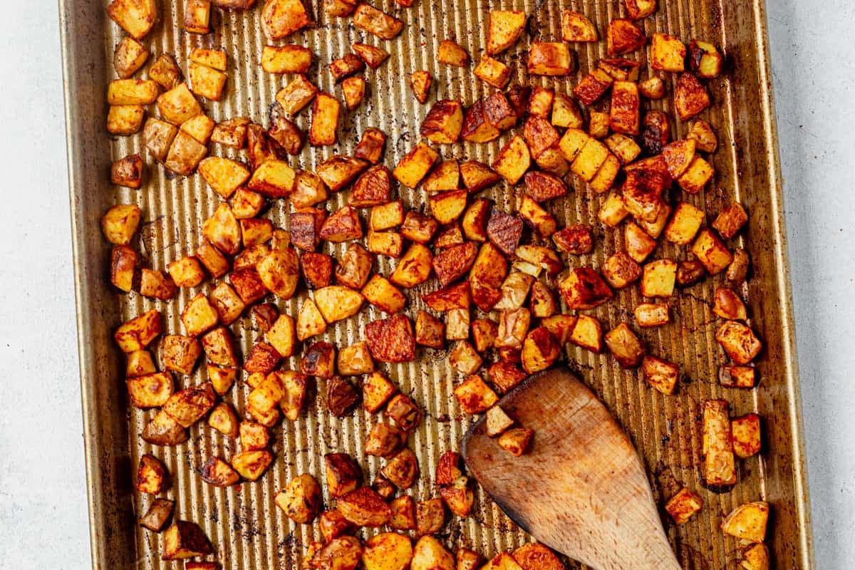 crispy home fries on a sheet pan