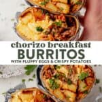 hand holding two halves of a chorizo breakfast sandwich opened and then two halves of a chorizo breakfast burrito opened and stacked on top of each other on a counter