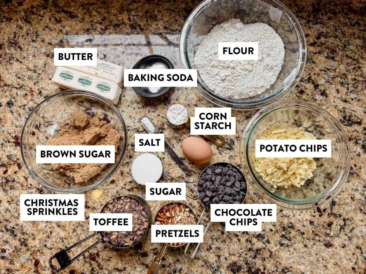 ingredients for christmas kitchen sink cookies on a counter.