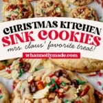 a batch of christmas kitchen sink cookies on a sheet pan and then a cookie cooling on parchment paper.