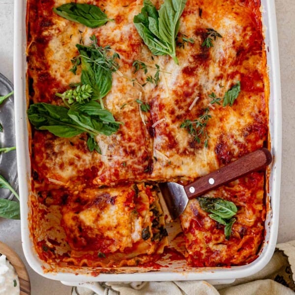 Cottage cheese vegetable lasagna in a casserole dish.
