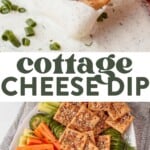 a hand using an everything seasoning cracker to dip into a bowl of cottage cheese dip with diced chives on top and then a platter of crackers and veggies next to a bowl of cottage cheese dip