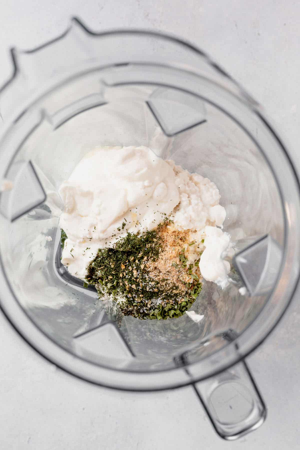 cottage cheese, greek yogurt and ranch seasoning in a blender