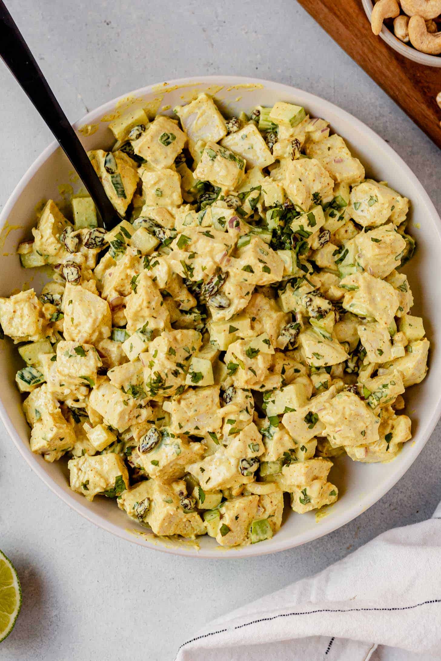 curry chicken salad in a serving bowl
