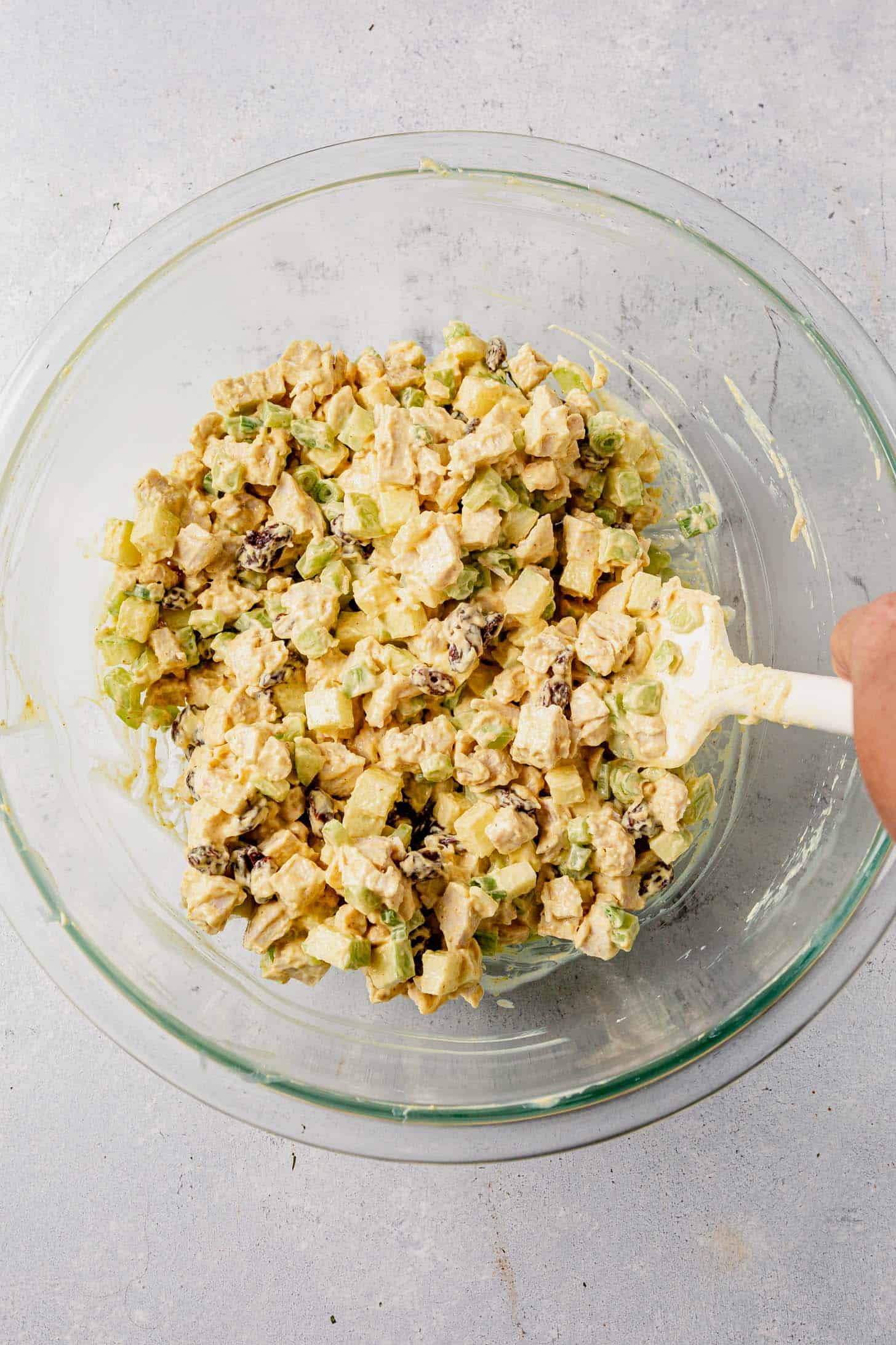 curry chicken salad in a glass bowl