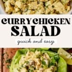curry chicken salad with apple in a white bowl and then curry chicken salad with apple on lettuce wrap.