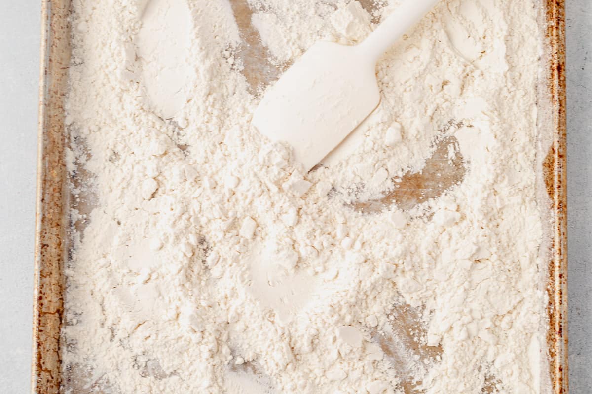 raw flour heat treated on a baking sheet