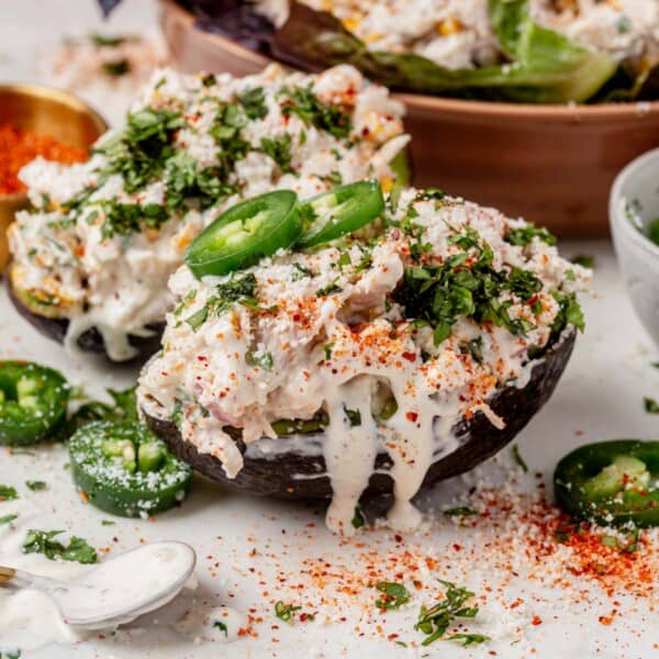 elote chicken salad stuffed in an avocado.