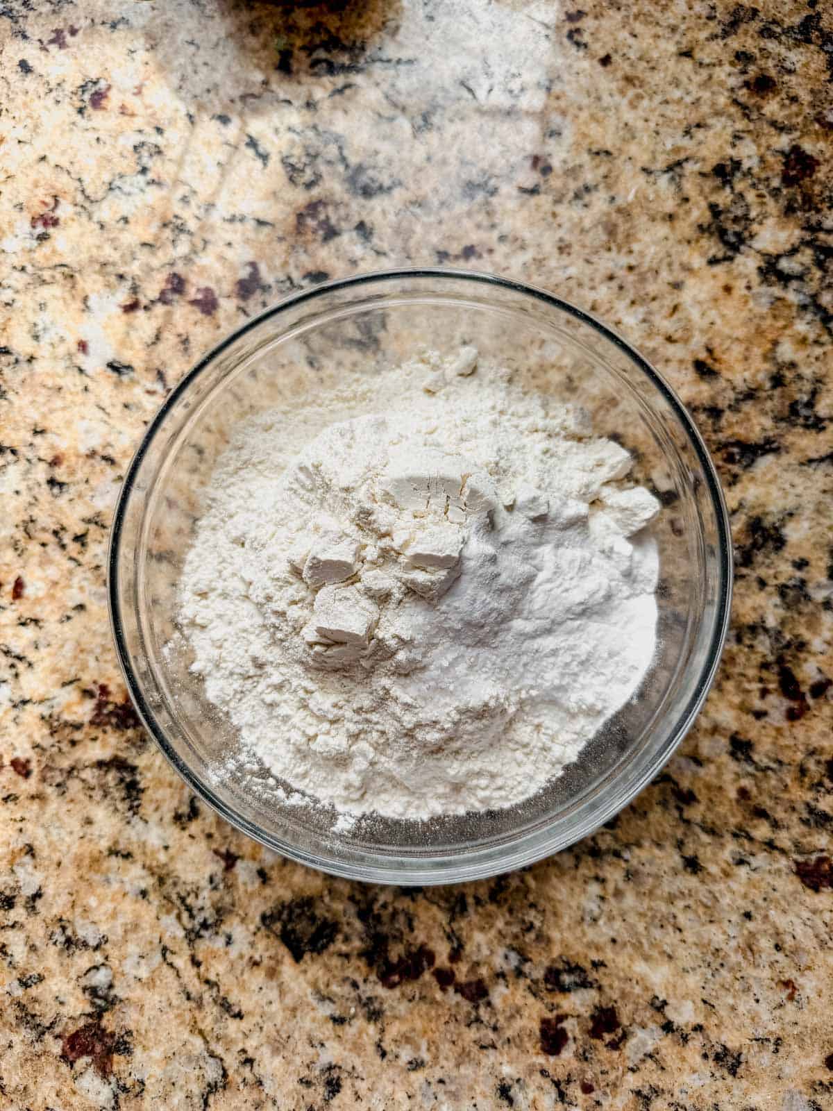 flour, baking soda and salt for fluffernutter cookies whisked together In a medium bowl
