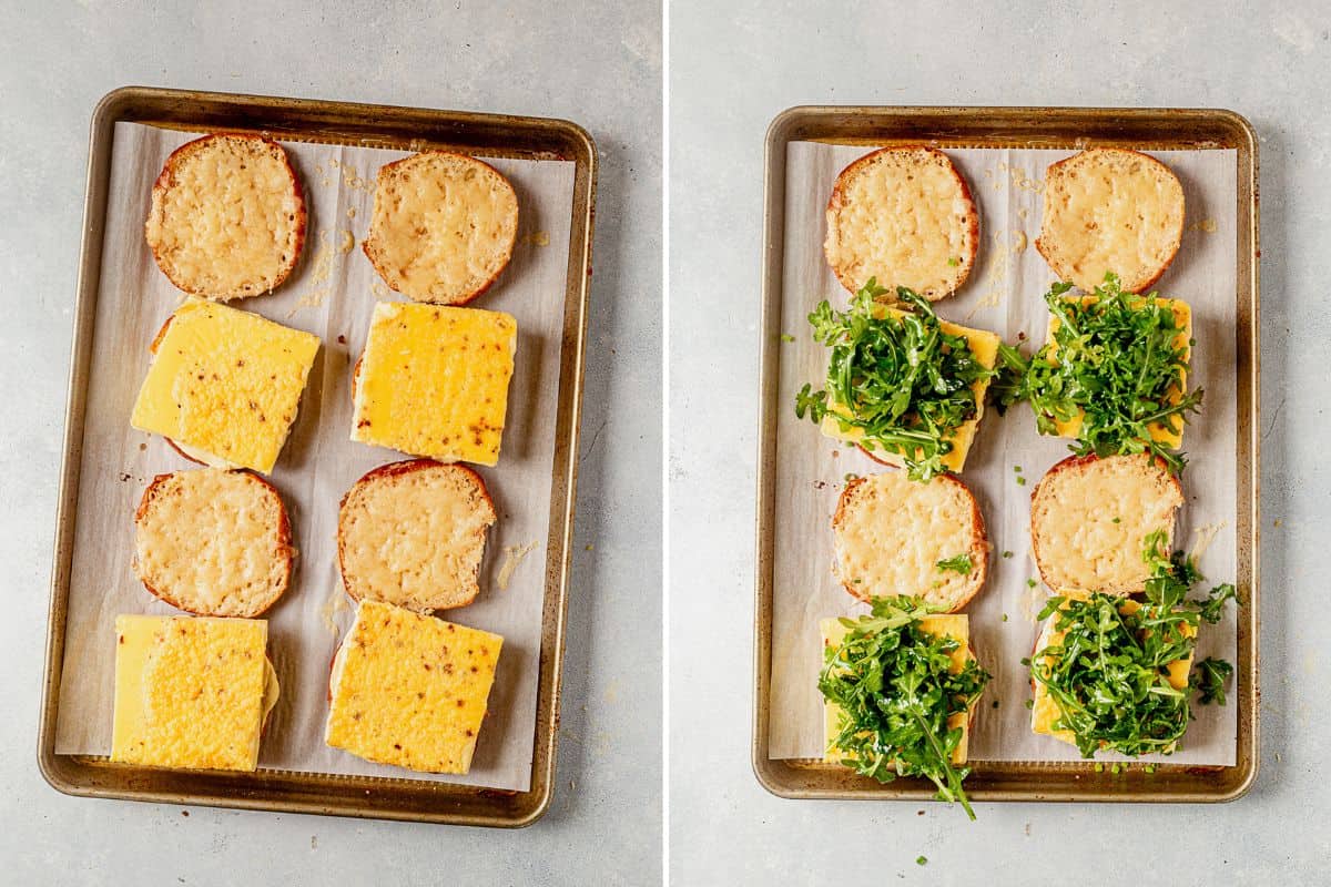two images of fluffy eggs on buns with cheese and then fluffy egg sandwich with arugula