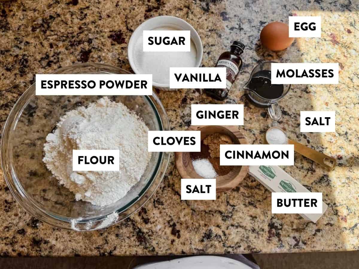 ingredients for gingerbread latte cookies on a counter.