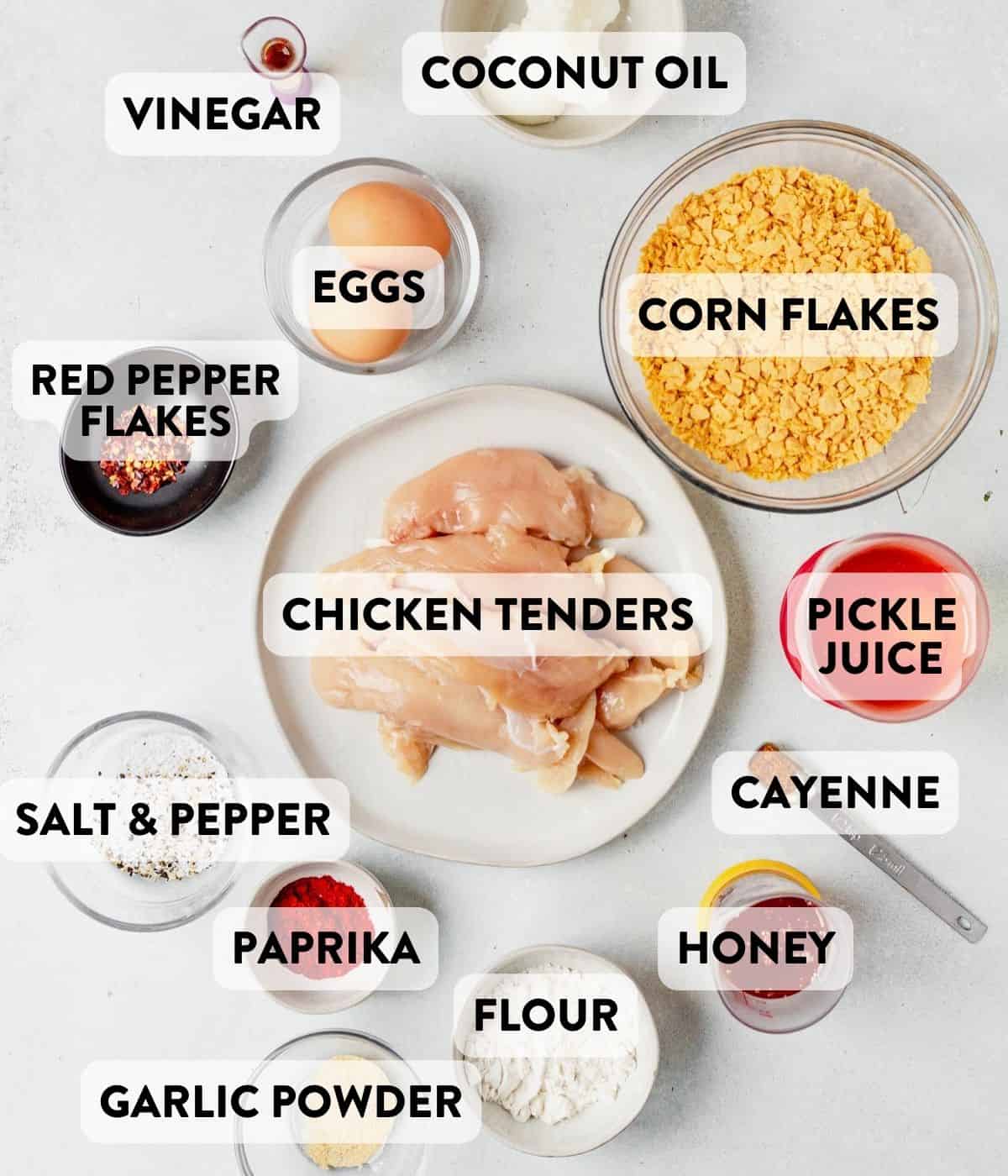 hot honey chicken tender ingredients in bowls on a countertop