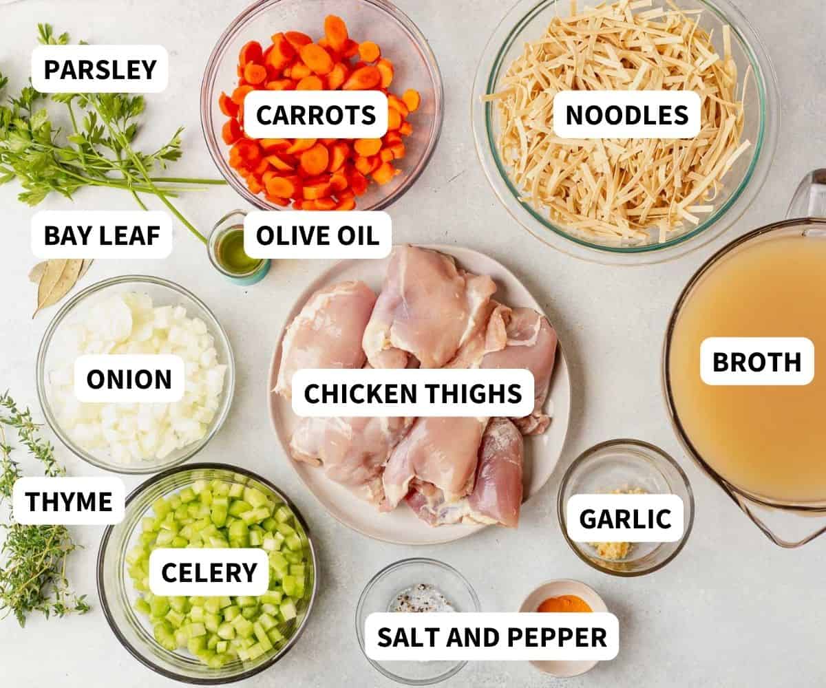 ingredients for Instant Pot Chicken Noodle soup on a countertop