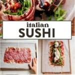 picking up a piece of italian sushi with chopsticks and then rolling up italian sushi on a cutting board.