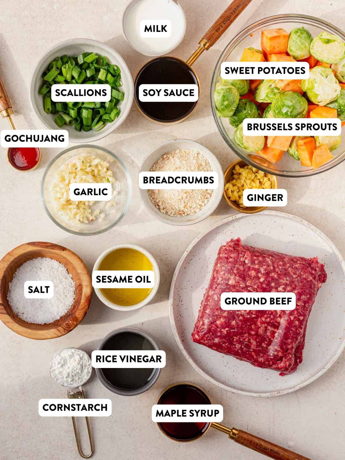 ingredients for korean meatballs on a counter.