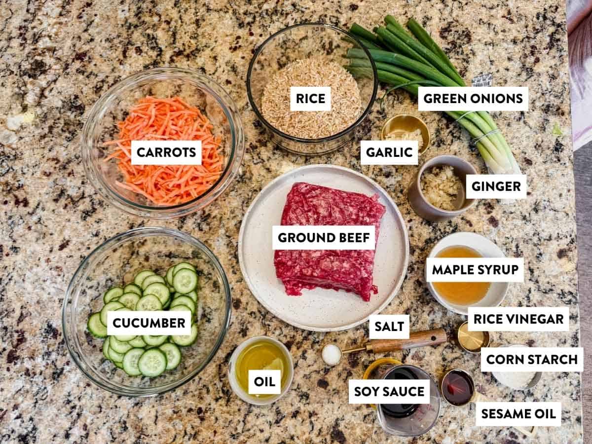 korean beef bowl ingredients on a counter.
