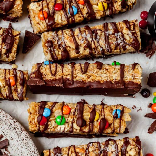 homemade kudos bars on a piece of parchment paper.