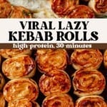 lazy kebabs on a platter with tzatziki and then kebabs cooling on a sheet pan.