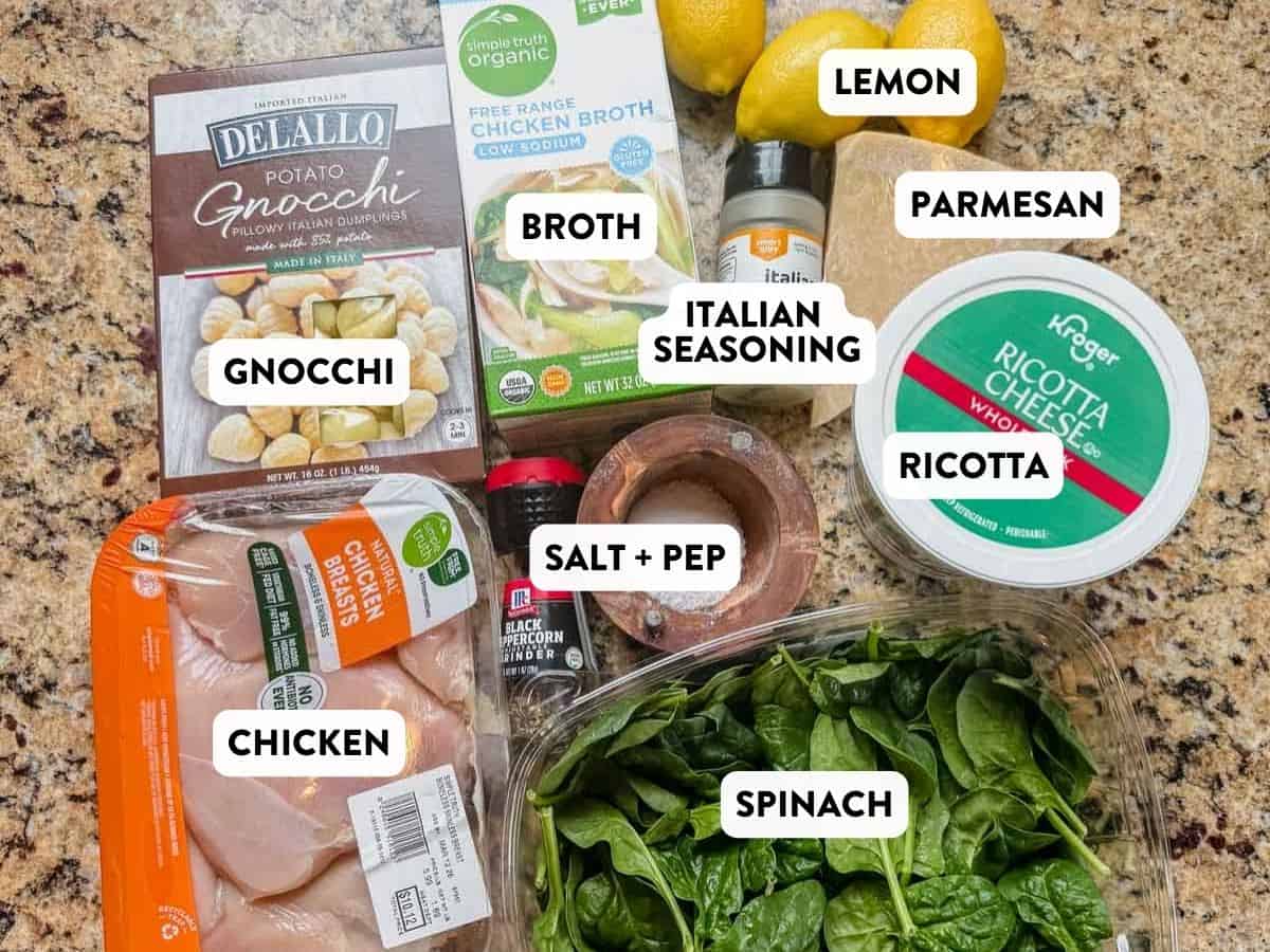 ingredients for lemon chicken gnocchi on a counter.