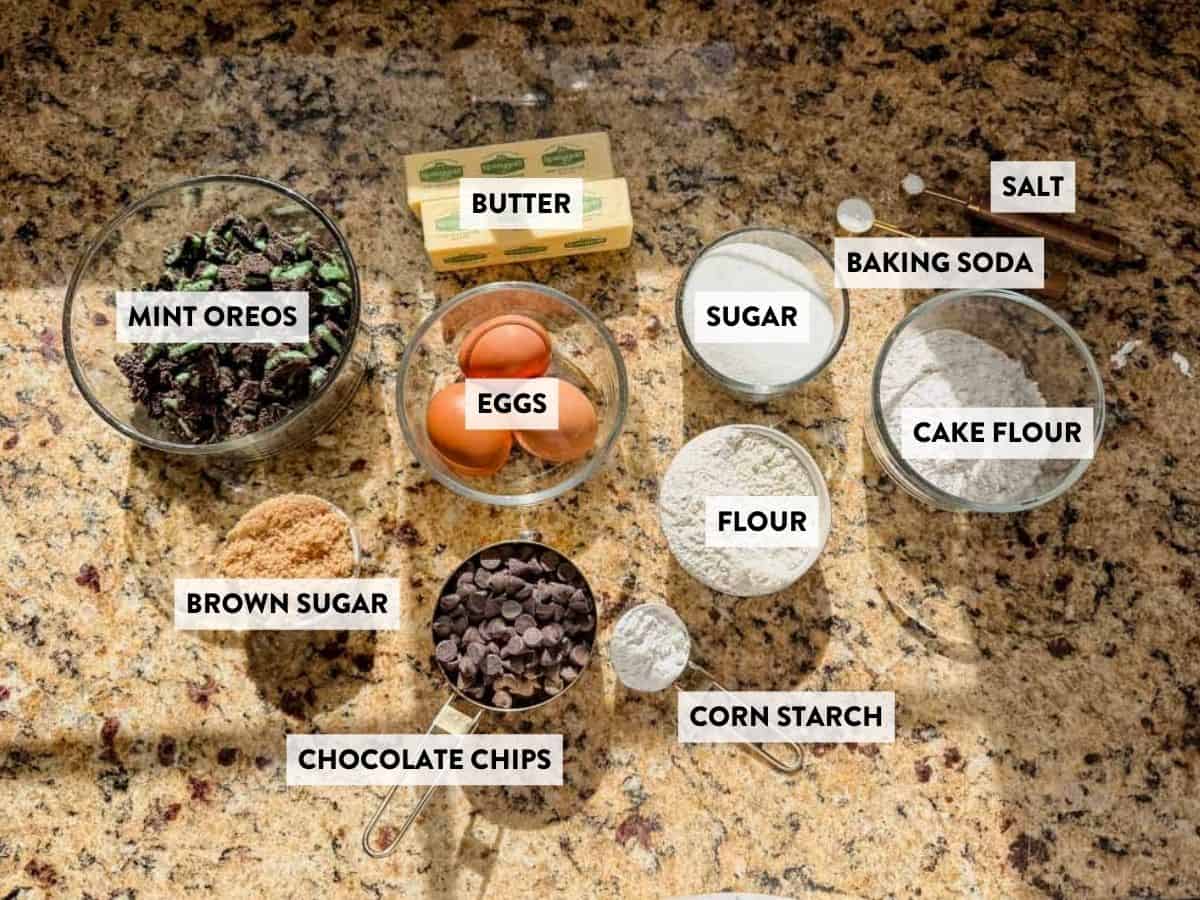 ingredients for mint oreo cookies on a counter.