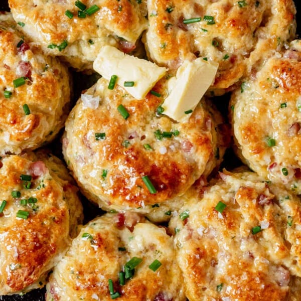 high protein biscuits in a skillet brushed with melted butter.