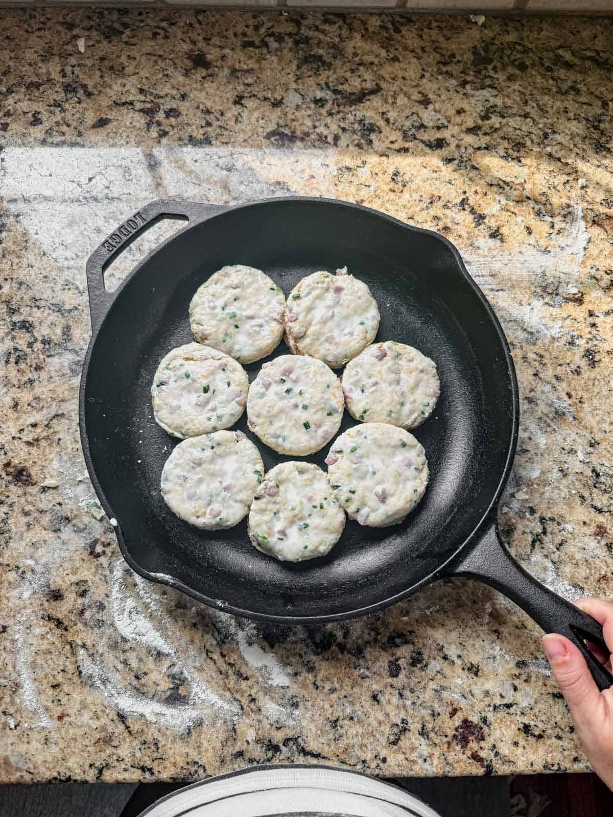 protein biscuit dough in a cast iron skillet.