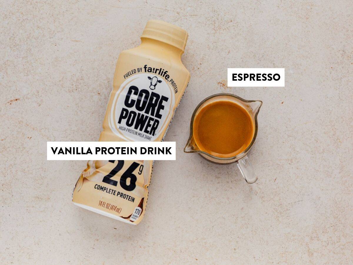 a vanilla protein drink and double shot of espresso on a counter.