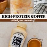 iced protein coffee in a glass and then vanilla protein drink and espresso on a counter.