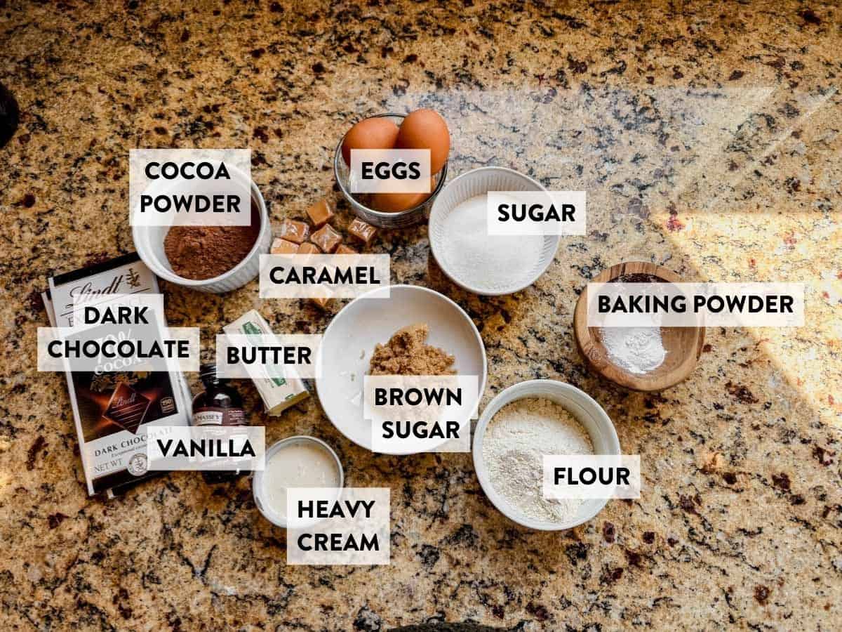 ingredients for salted caramel brownie cookies laid out on a countertop