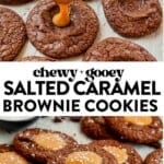 salted caramel brownie cookies laying on a counter with a spoon pouring melted salted caramel into the middle of the cookie and then a bite taken out of a salted caramel brownie cookie stacked on others on the counter