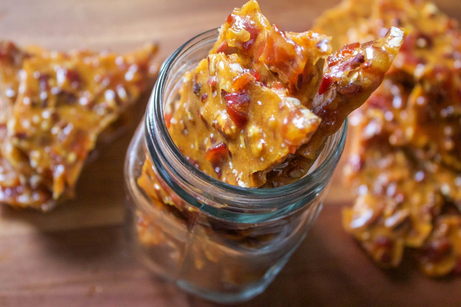 bourbon bacon brittle in a mason jar