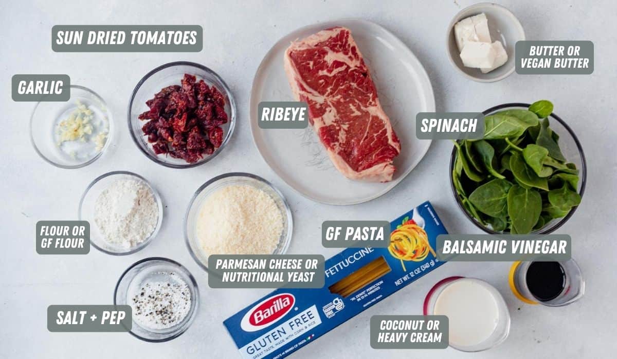 ingredients for creamy balsamic steak pasta in bowls