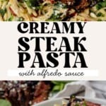 steak with balsamic glaze sliced and laying overtop a bed of creamy pasta and then steak with balsamic glaze sliced and laying overtop a bed of creamy pasta