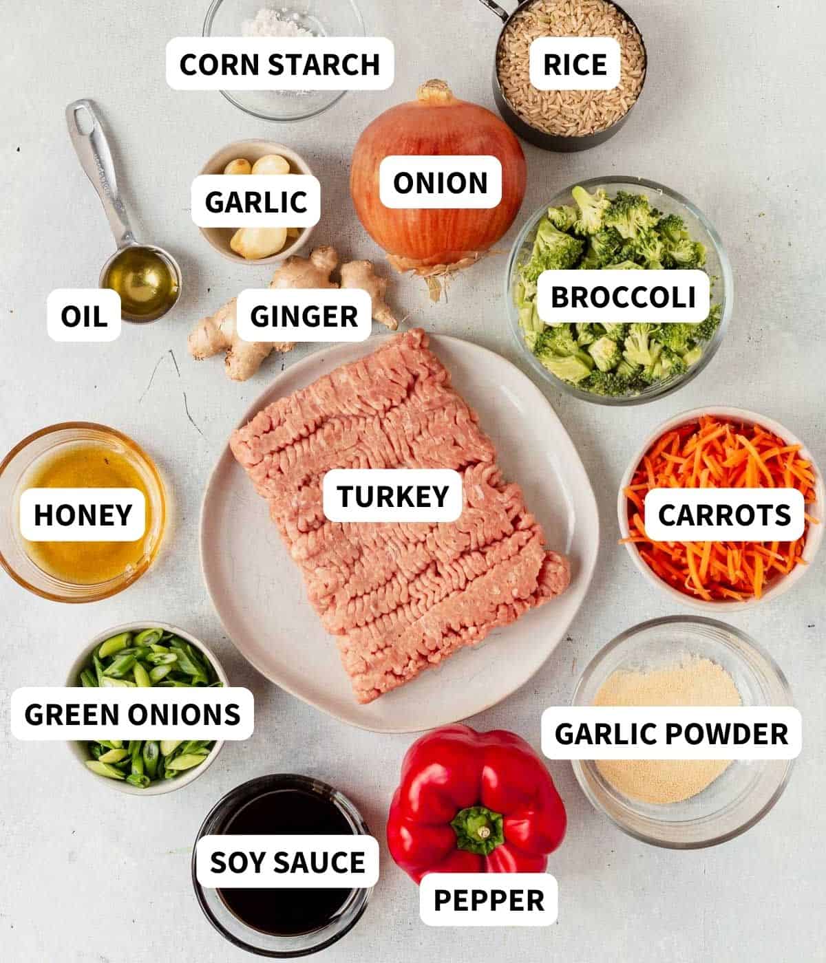 ground turkey teriyaki bowl ingredients on a countertip