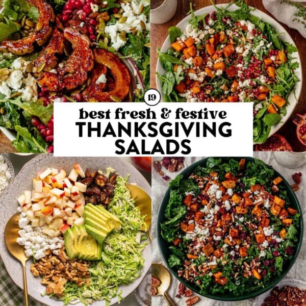 four thanksgiving salad recipes featuring seasonal produce like squash, apples, kale, and brussels sprouts.