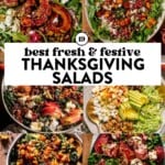 six fresh thanksgiving salad recipes featuring fall produce like pear, apple, squash, and pomegranate.