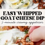 a serving plate with creamy whipped goat cheese, pretzels, and toasted bread.