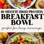 a mediterranean breakfast bowl with poached eggs and then a bowl of greek salad with hummus.